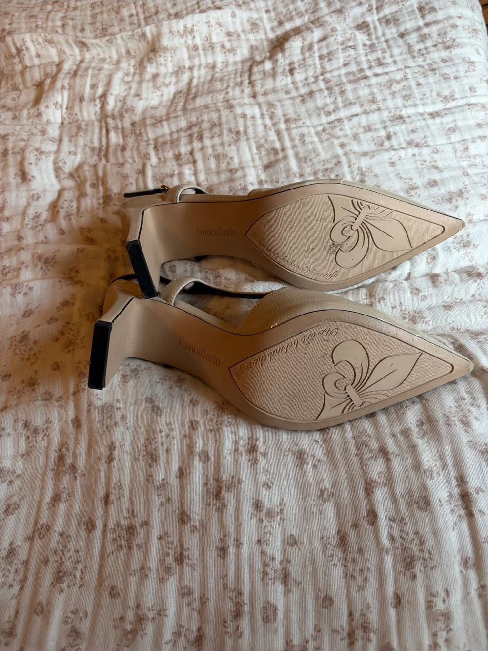 Franco Sarto Cream Patent Pointed Slingback Heels